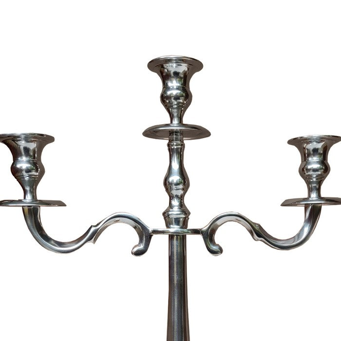 21 Inches Handcrafted 3 Arms Aluminum Candelabra in Traditional Style, Polished Silver