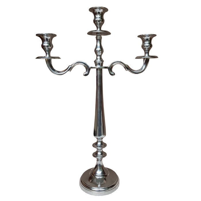 21 Inches Handcrafted 3 Arms Aluminum Candelabra in Traditional Style, Polished Silver