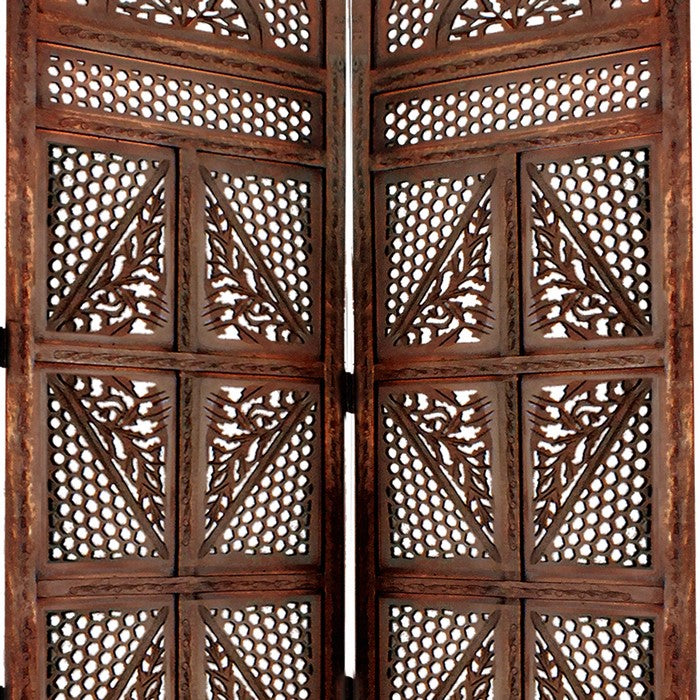Traditional Four Panel Wooden Room Divider with Hand Carved Details, Antique Brown