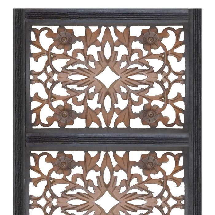 Rectangular Wall Panel with Intricate Floral Carvings, Burnt Black