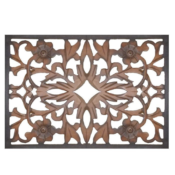 Rectangular Wall Panel with Intricate Floral Carvings, Burnt Black