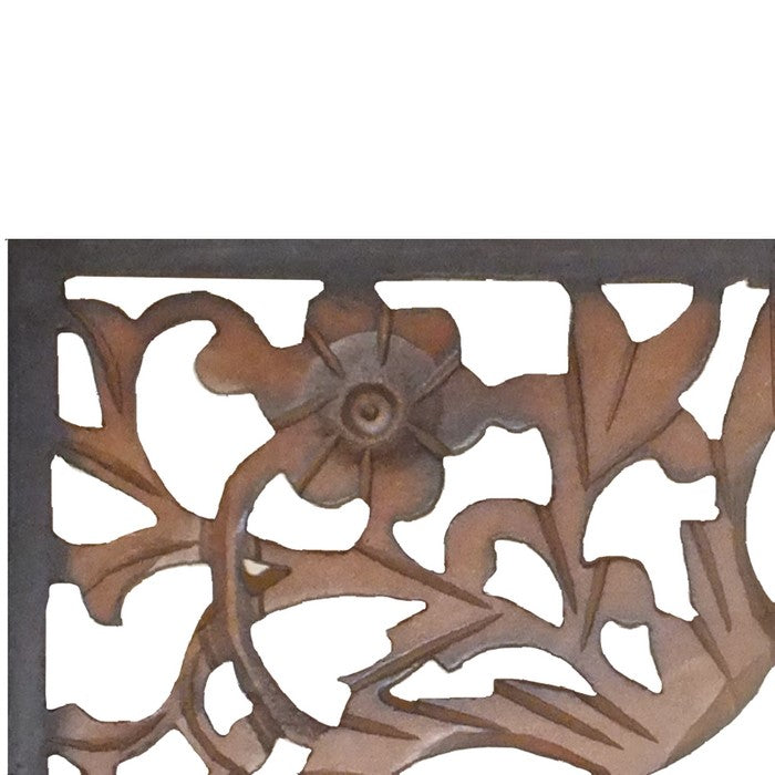 Rectangular Wall Panel with Intricate Floral Carvings, Burnt Black