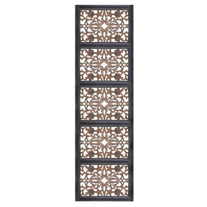 Rectangular Wall Panel with Intricate Floral Carvings, Burnt Black