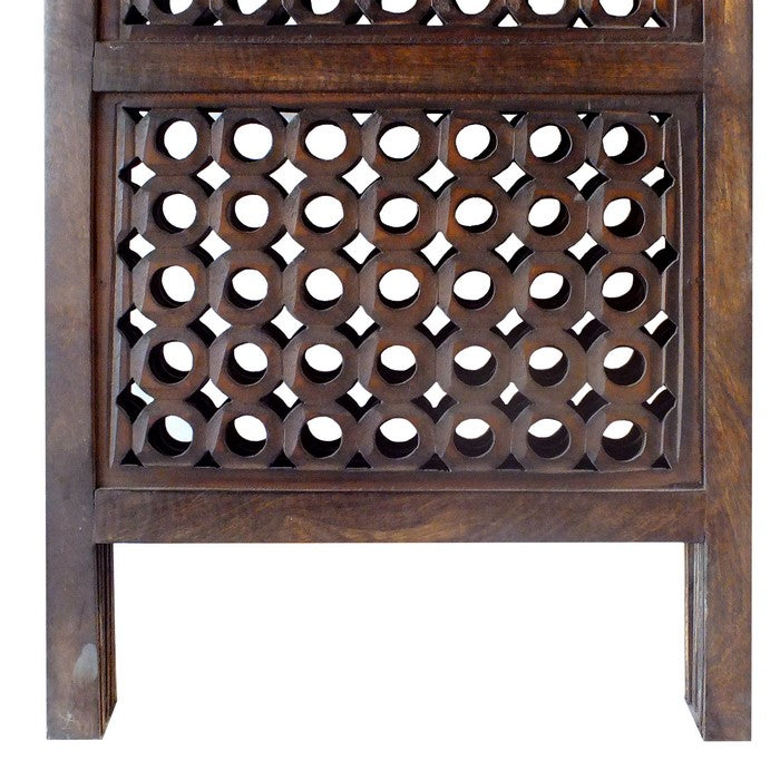 decorative Four Panel Mango Wood Hinged Room Divider with Circular Cutout Design, Brown