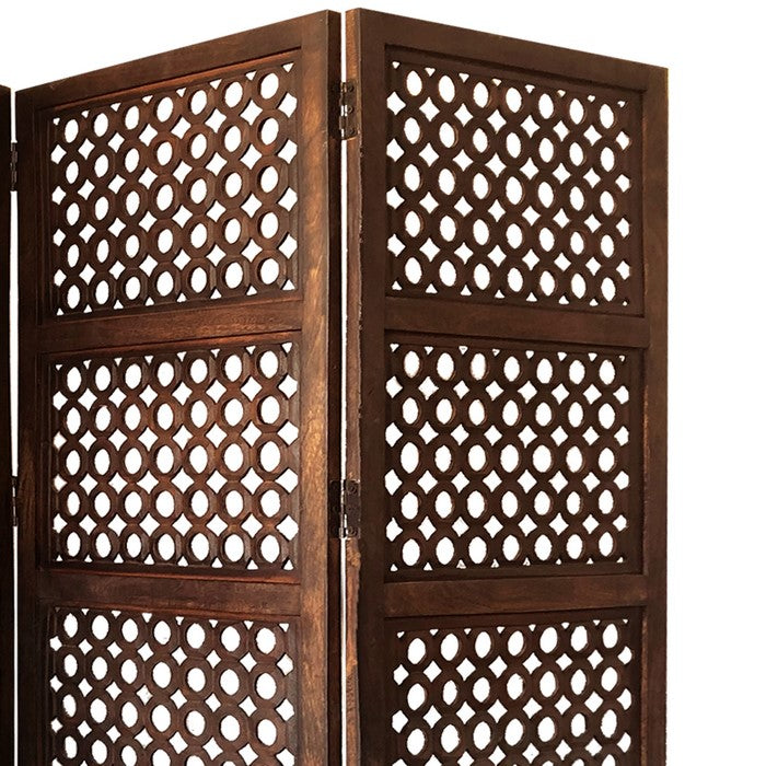 decorative Four Panel Mango Wood Hinged Room Divider with Circular Cutout Design, Brown