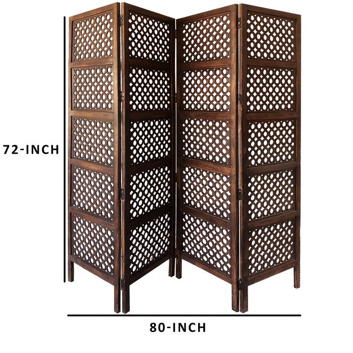decorative Four Panel Mango Wood Hinged Room Divider with Circular Cutout Design, Brown