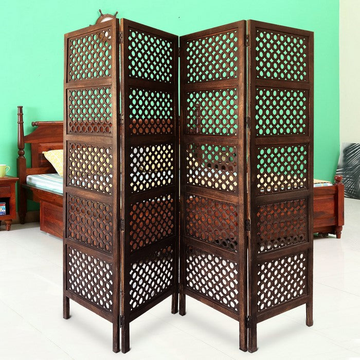 decorative Four Panel Mango Wood Hinged Room Divider with Circular Cutout Design, Brown