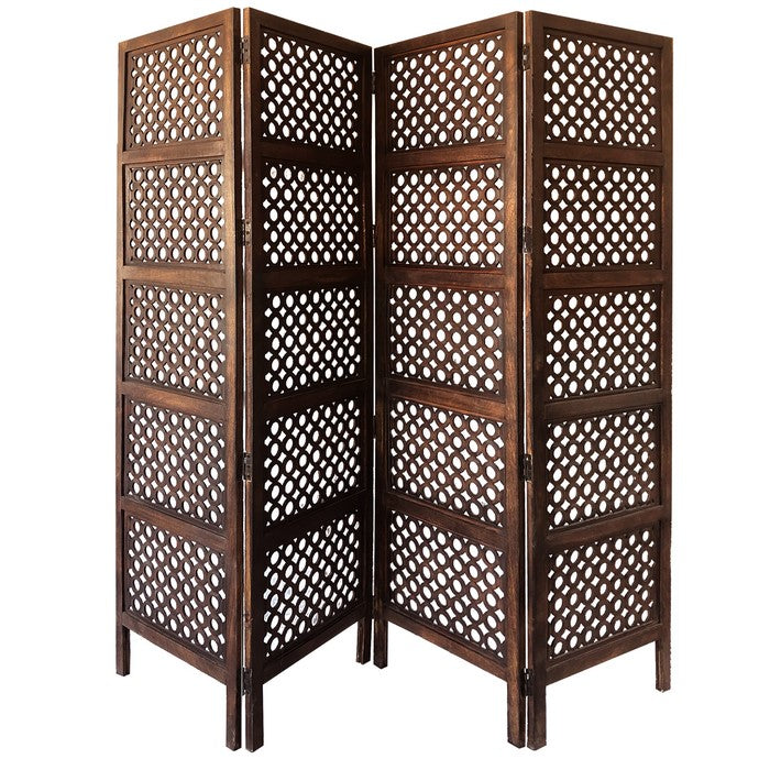 decorative Four Panel Mango Wood Hinged Room Divider with Circular Cutout Design, Brown