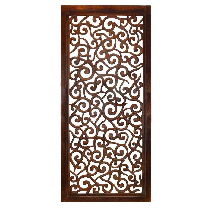 Rectangular Mango Wood Wall Panel with Cutout Scrollwork Details, Brown