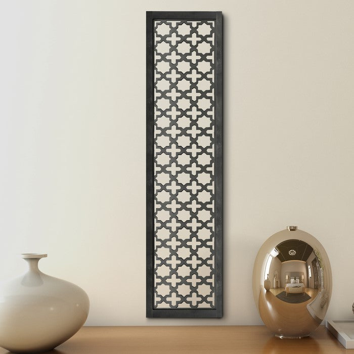 Rectangular Mango Wood Wall Panel with Cutout Lattice Pattern, Burnt Black