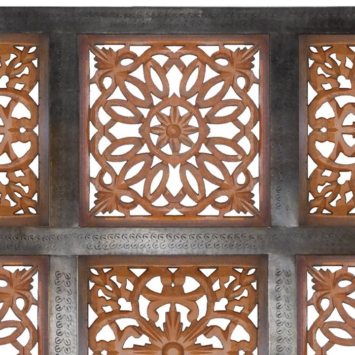 Decorative Mango Wood Wall Panel with Cutout Flower Pattern, Brown