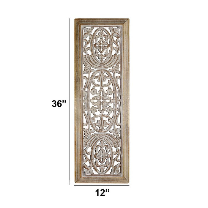 Rectangular Mango Wood Wall Panel Hand Crafted With Intricate Carving, White and Brown
