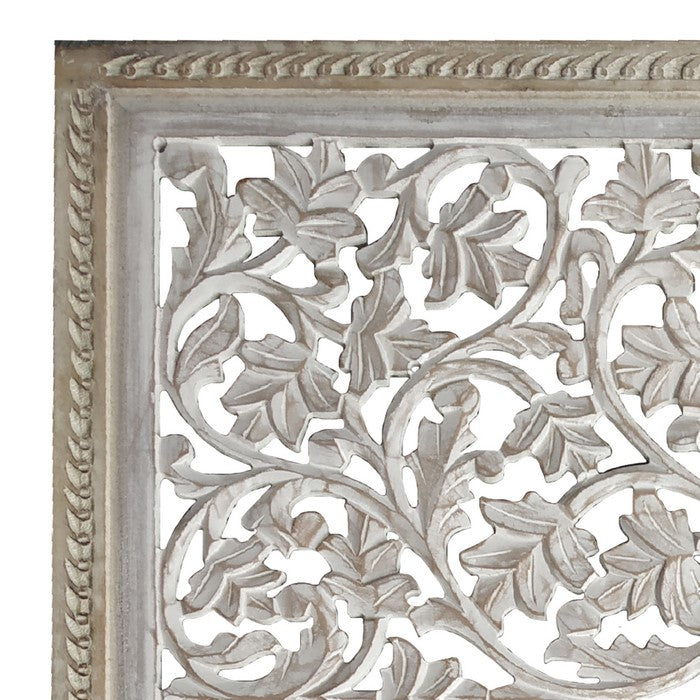 Square Shape Wooden Wall Panel with Cutout Sprig Pattern, Distressed White