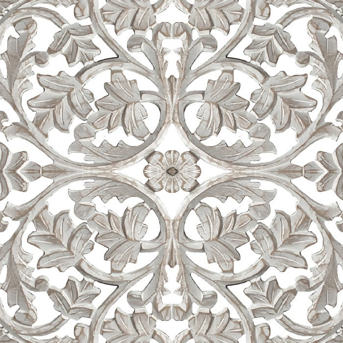 Square Shape Wooden Wall Panel with Cutout Sprig Pattern, Distressed White