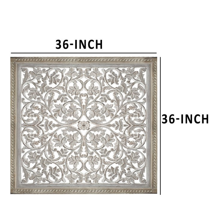 Square Shape Wooden Wall Panel with Cutout Sprig Pattern, Distressed White