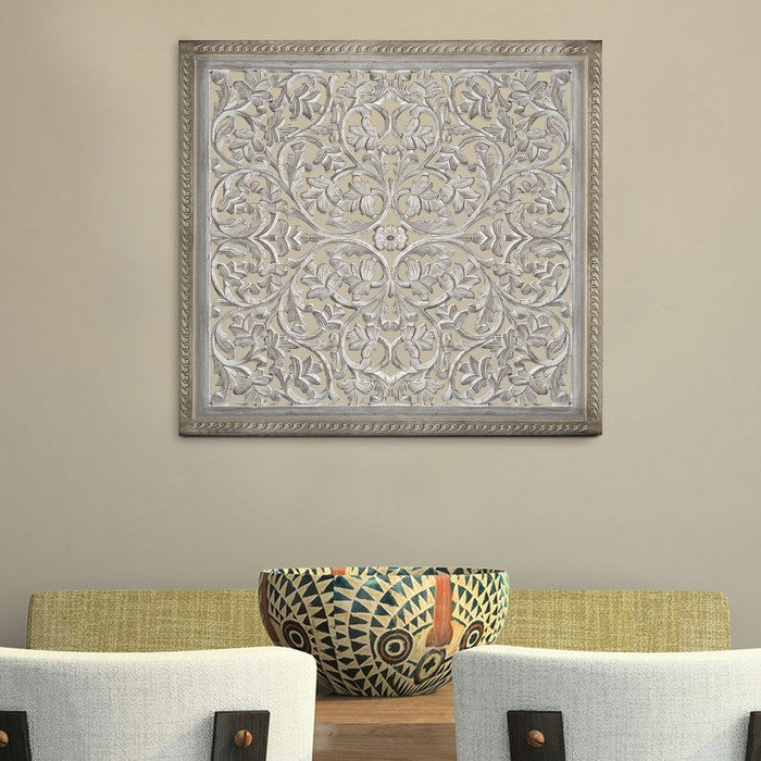 Square Shape Wooden Wall Panel with Cutout Sprig Pattern, Distressed White