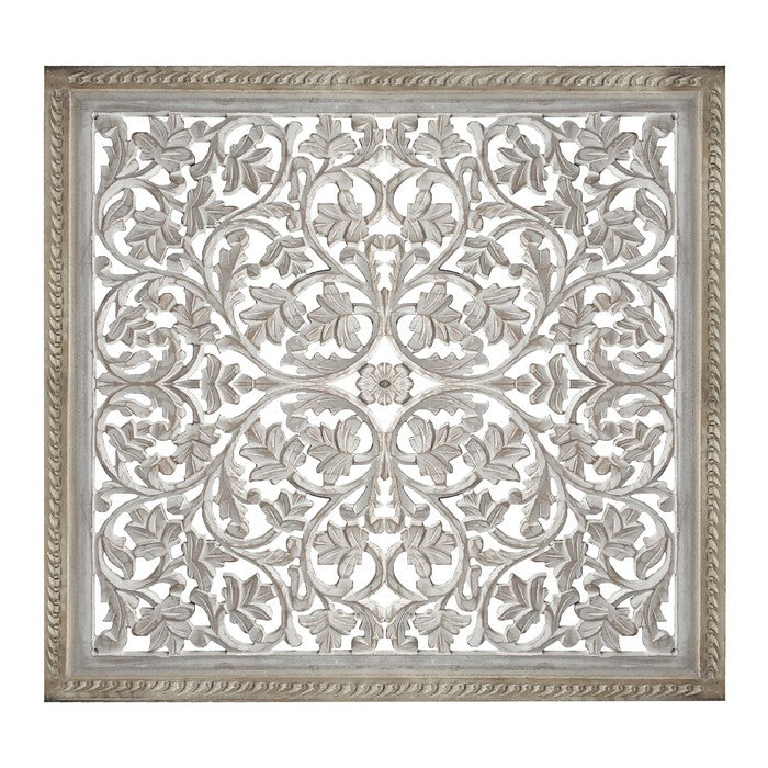 Square Shape Wooden Wall Panel with Cutout Sprig Pattern, Distressed White