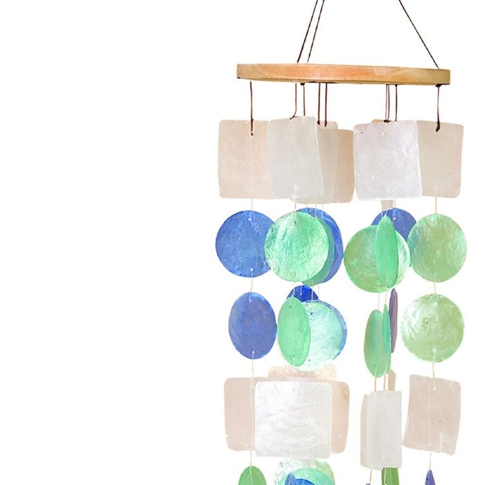Coastal Inspired Wind Chime with Wooden Round Top and Ring Handle, Multicolor