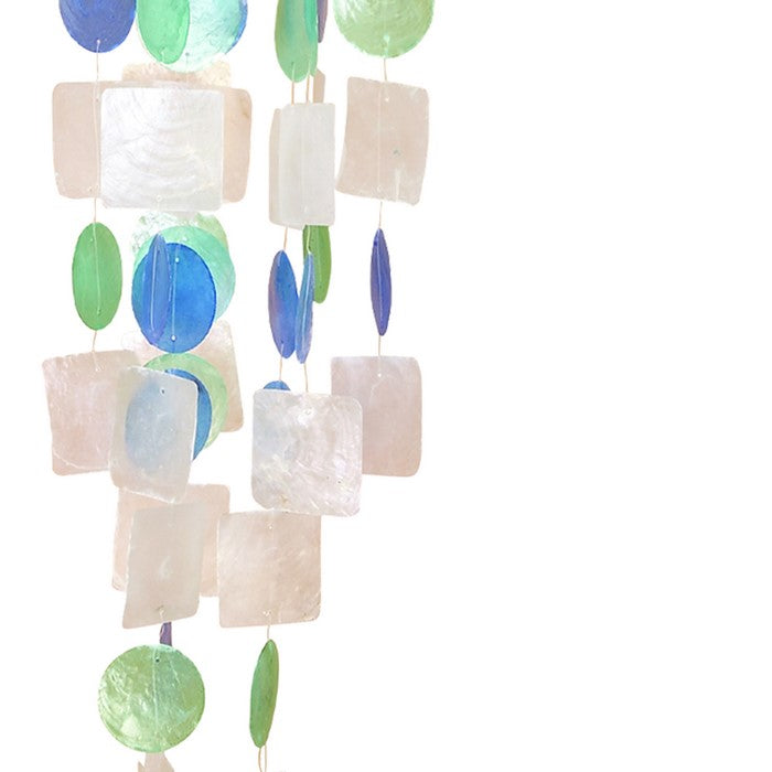 Coastal Inspired Wind Chime with Wooden Round Top and Ring Handle, Multicolor