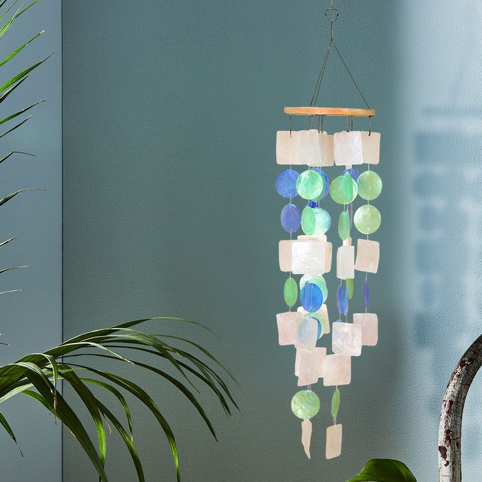 Coastal Inspired Wind Chime with Wooden Round Top and Ring Handle, Multicolor