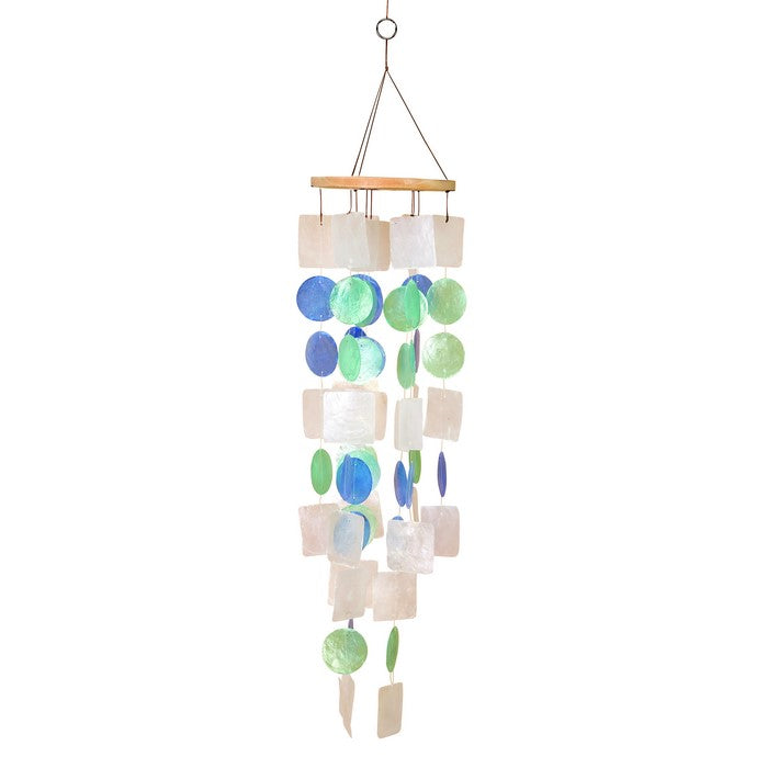 Coastal Inspired Wind Chime with Wooden Round Top and Ring Handle, Multicolor