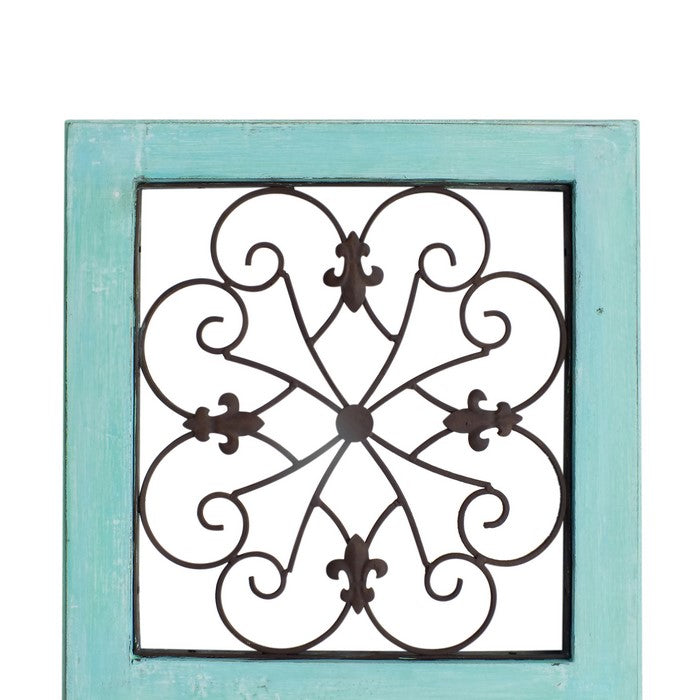 Traditional Mango Wood Framed Wall Panel with Metal Scroll Work Details, Green and Brown