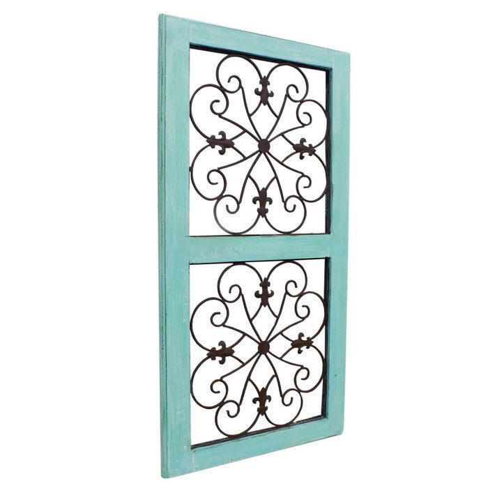 Traditional Mango Wood Framed Wall Panel with Metal Scroll Work Details, Green and Brown