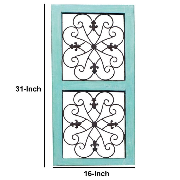 Traditional Mango Wood Framed Wall Panel with Metal Scroll Work Details, Green and Brown