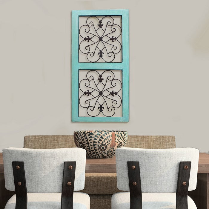 Traditional Mango Wood Framed Wall Panel with Metal Scroll Work Details, Green and Brown