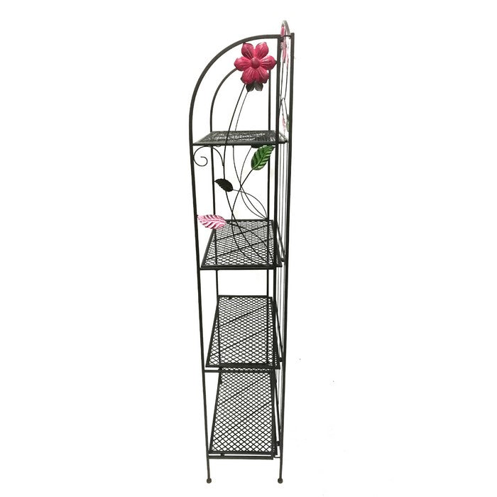 Four Tier Metal Foldable Bakers Rack with Flower Motifs, Black