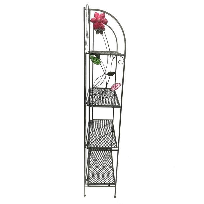 Four Tier Metal Foldable Bakers Rack with Flower Motifs, Black