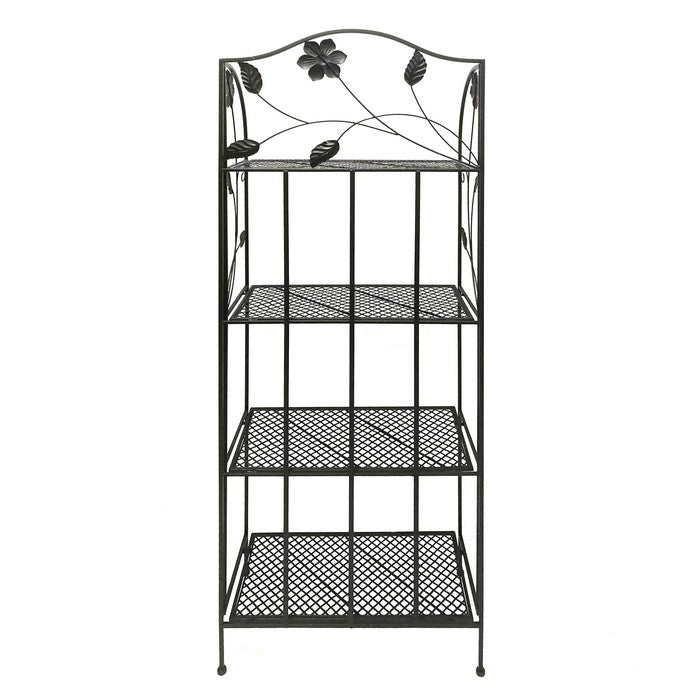 Four Tier Metal Foldable Bakers Rack with Flower Motifs, Black