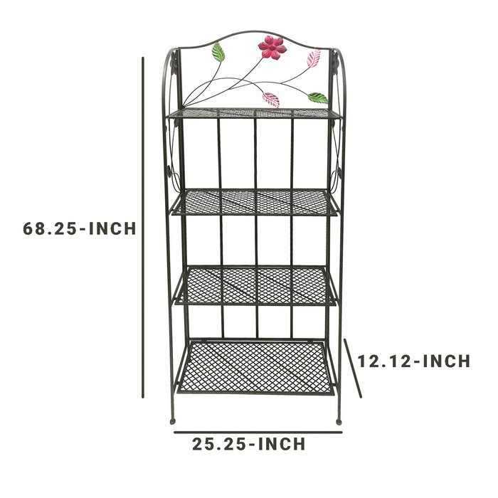Four Tier Metal Foldable Bakers Rack with Flower Motifs, Black