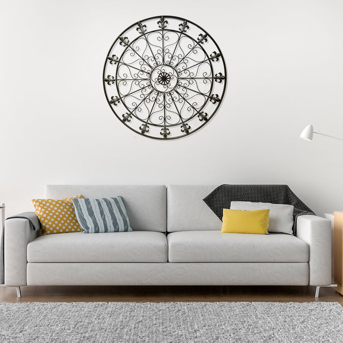 Handmade Metal Medallion Hanging Round Wall Decor with Swirls, Black