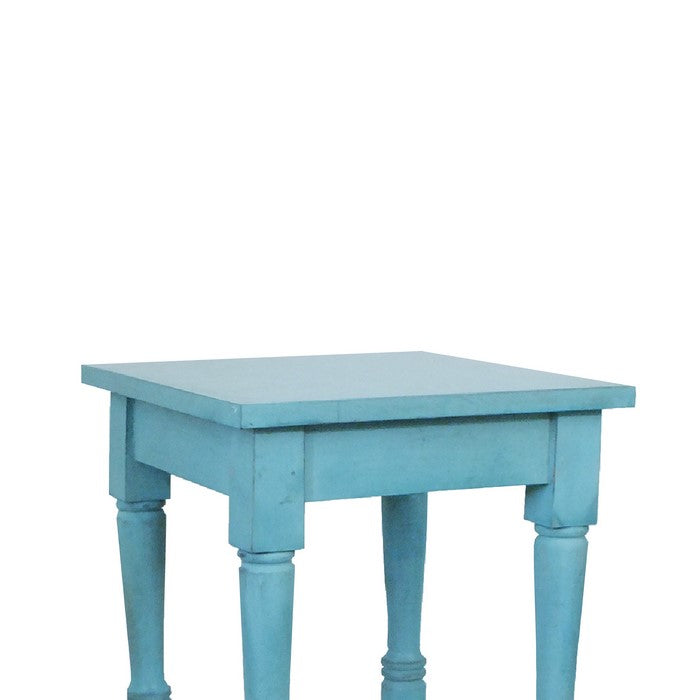 29 Inch Foldable Mango Wood Side Table with Slatted Bottom Shelf, Antique Blue