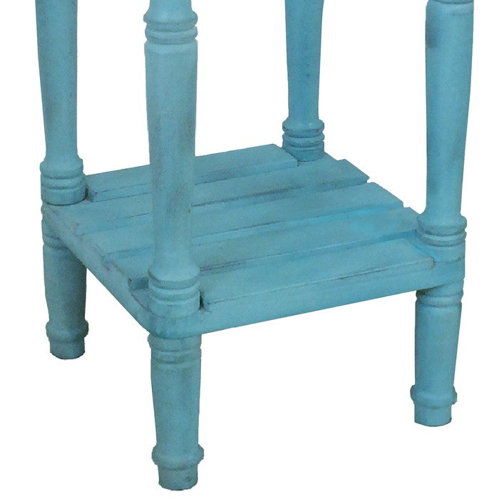 29 Inch Foldable Mango Wood Side Table with Slatted Bottom Shelf, Antique Blue