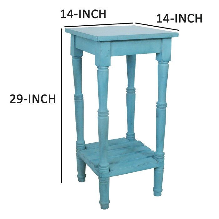 29 Inch Foldable Mango Wood Side Table with Slatted Bottom Shelf, Antique Blue
