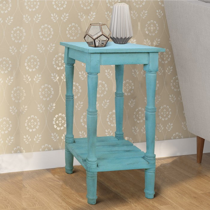 29 Inch Foldable Mango Wood Side Table with Slatted Bottom Shelf, Antique Blue