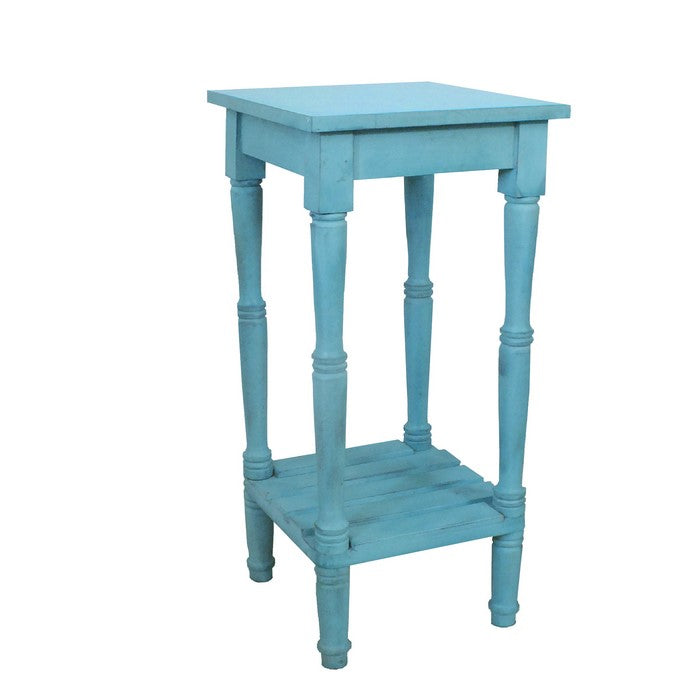 29 Inch Foldable Mango Wood Side Table with Slatted Bottom Shelf, Antique Blue