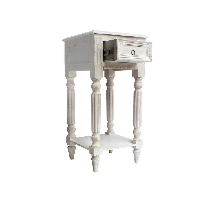 Spacious Mango Wood Side Table with Metal Ring Handle, Washed White