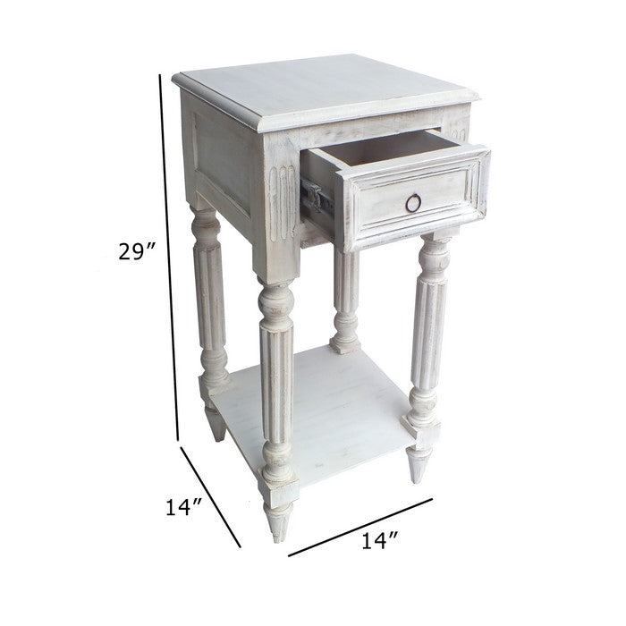 Spacious Mango Wood Side Table with Metal Ring Handle, Washed White