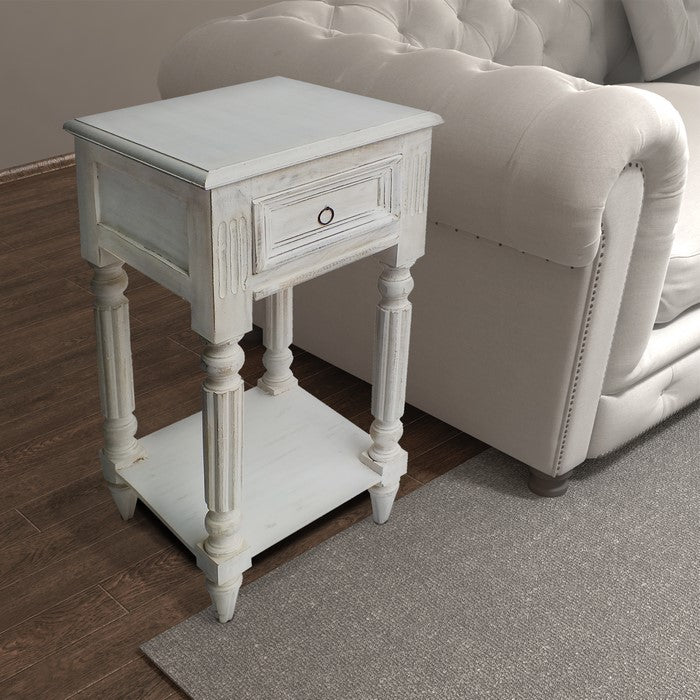 Spacious Mango Wood Side Table with Metal Ring Handle, Washed White
