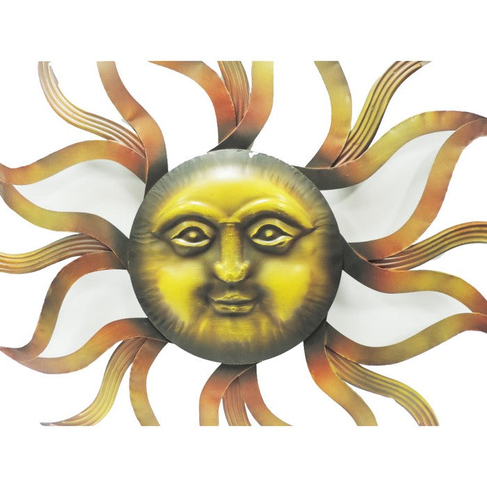 35 Inch Round Hanging Metal Sun Wall Art Decor with Facial Details, Bronze