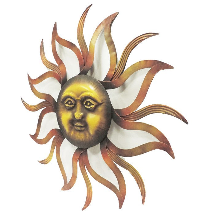35 Inch Round Hanging Metal Sun Wall Art Decor with Facial Details, Bronze