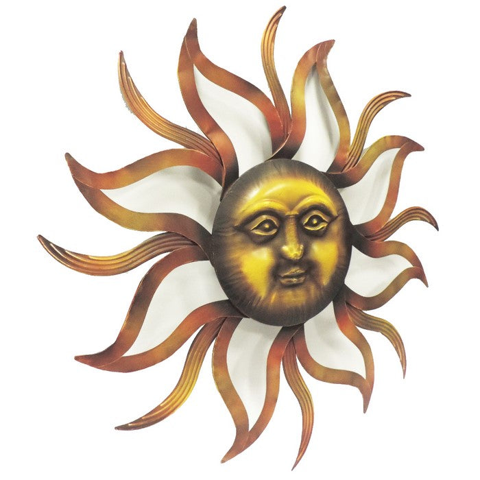 35 Inch Round Hanging Metal Sun Wall Art Decor with Facial Details, Bronze