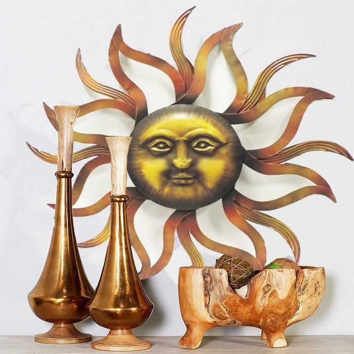 35 Inch Round Hanging Metal Sun Wall Art Decor with Facial Details, Bronze
