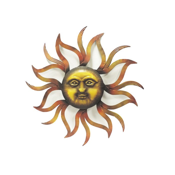 35 Inch Round Hanging Metal Sun Wall Art Decor with Facial Details, Bronze