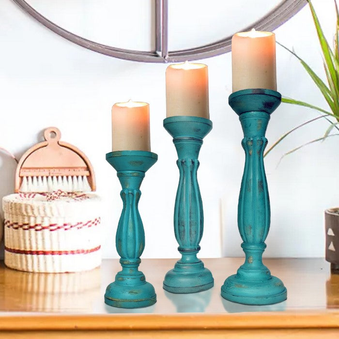 Handmade Wooden Candle Holder with Pillar Base Support, Turquoise Blue, Set of 3