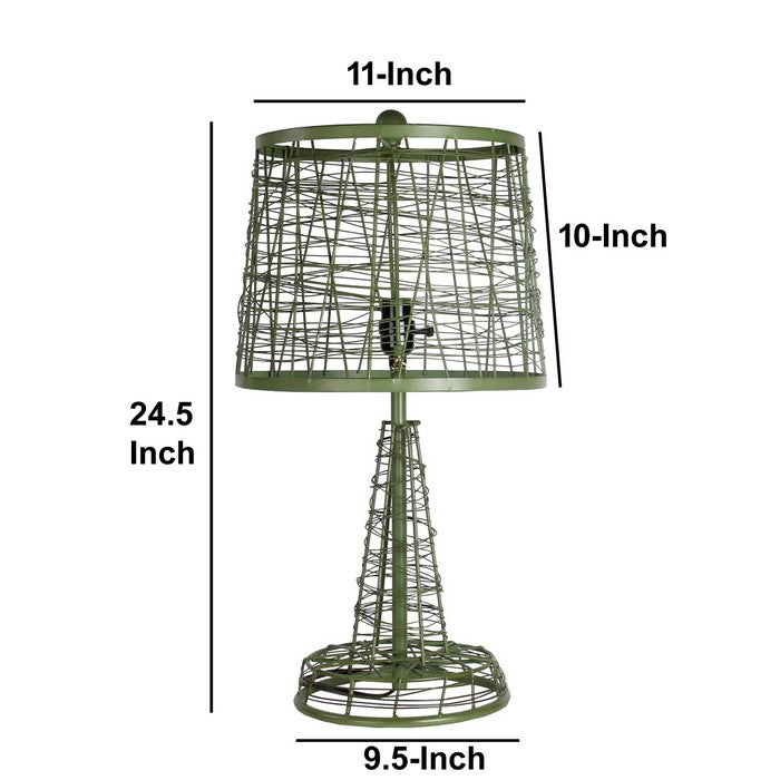 Metal Table Lamp with Mesh Wire Design and Empire Shade, Green