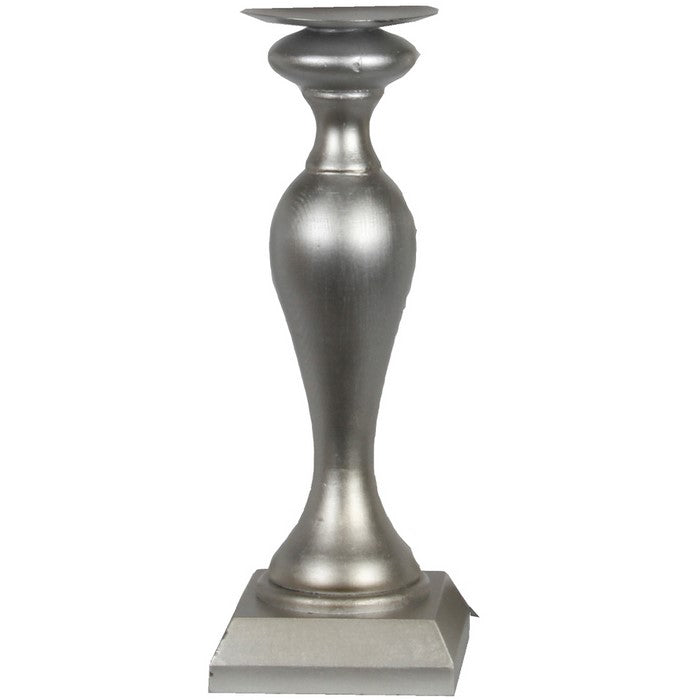 3 Piece Pedestal Style Wooden Candle Holder Set with Round Top, Silver